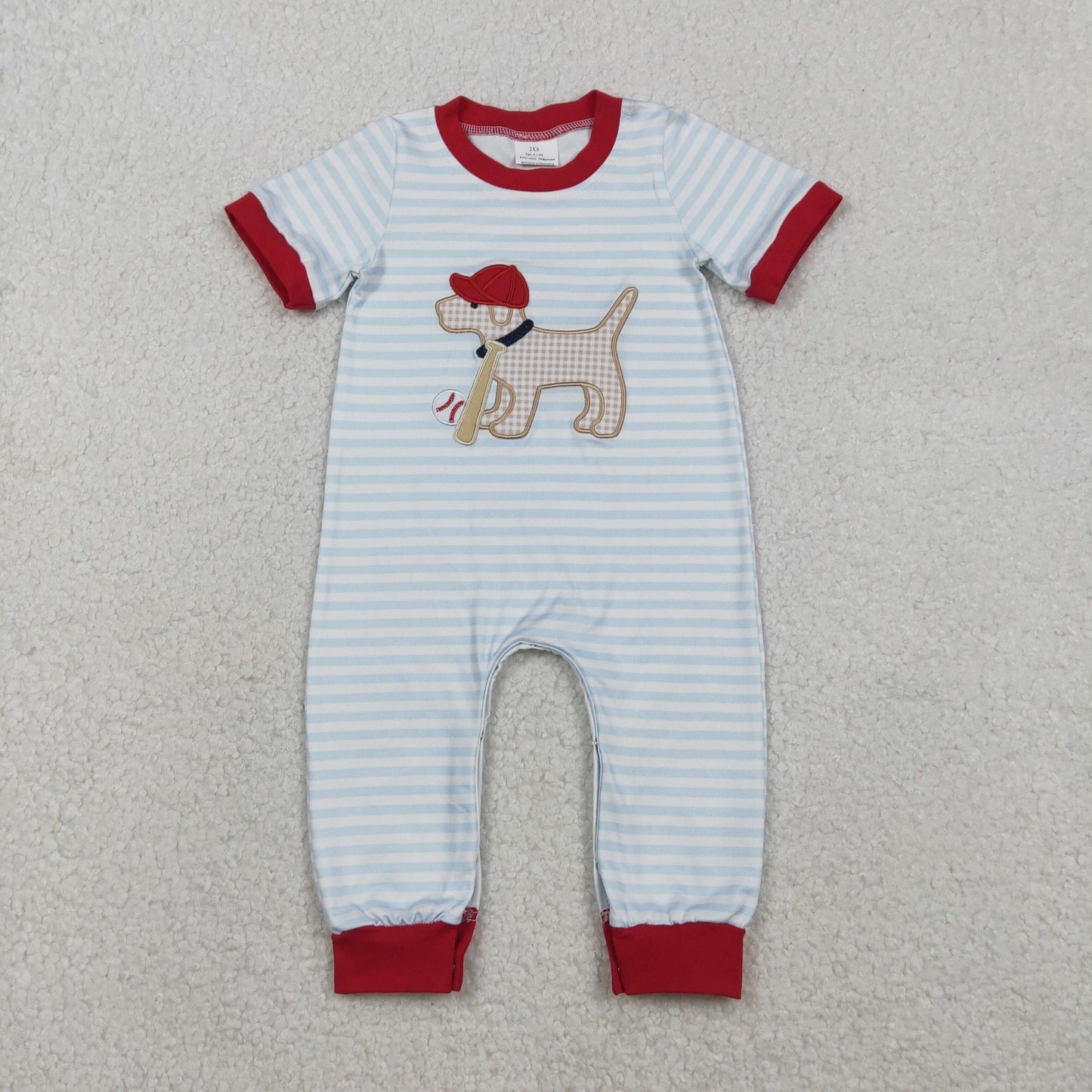 SR3330 Baby Boys Blue Stripe Embroidery Baseball Dogs Team Footie Rompers