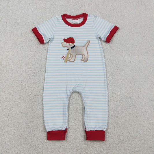 SR3330 Baby Boys Blue Stripe Embroidery Baseball Dogs Team Footie Rompers