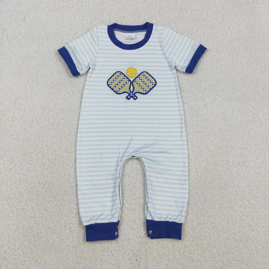 SR3331 Baby Boys Blue Stripe Embroidery Tennis Ball Team Footie Rompers