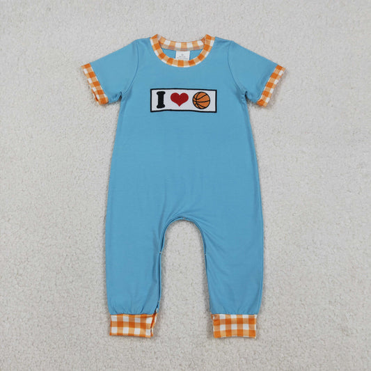SR3366 Baby Boys Embroidery I Love Basketballs Team Footie Rompers