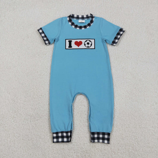 SR3369 Baby Boys Short Sleeve Embroidery I Love Footballs Team Footie Rompers