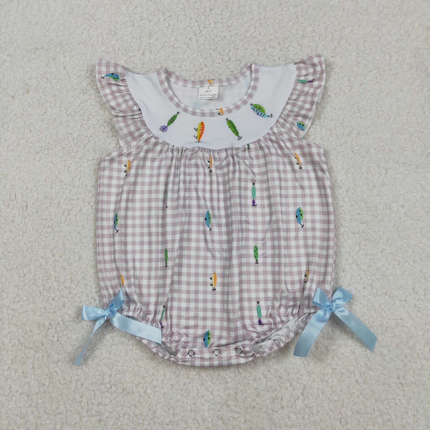 SR3395 Baby Girls Flutter Sleeve Embroidery Fishing Checked Hunting Ruffle Rompers