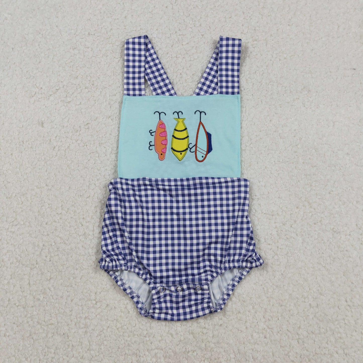 SR3412 Baby Boys Blue Checked Strap Embroidery Fishing Hunting Rompers