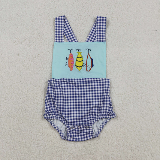 SR3412 Baby Boys Blue Checked Strap Embroidery Fishing Hunting Rompers