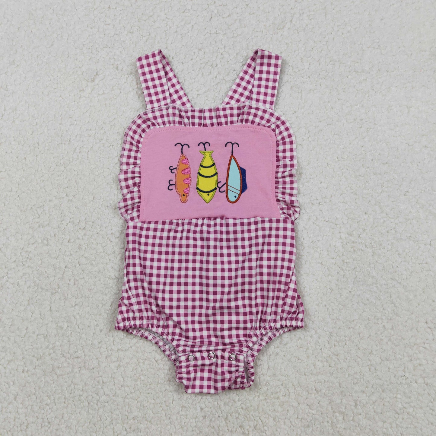 Sibling Baby Kids Embroidery Fishing Top Checked Shorts Hunting Clothes Set Strap Rompers