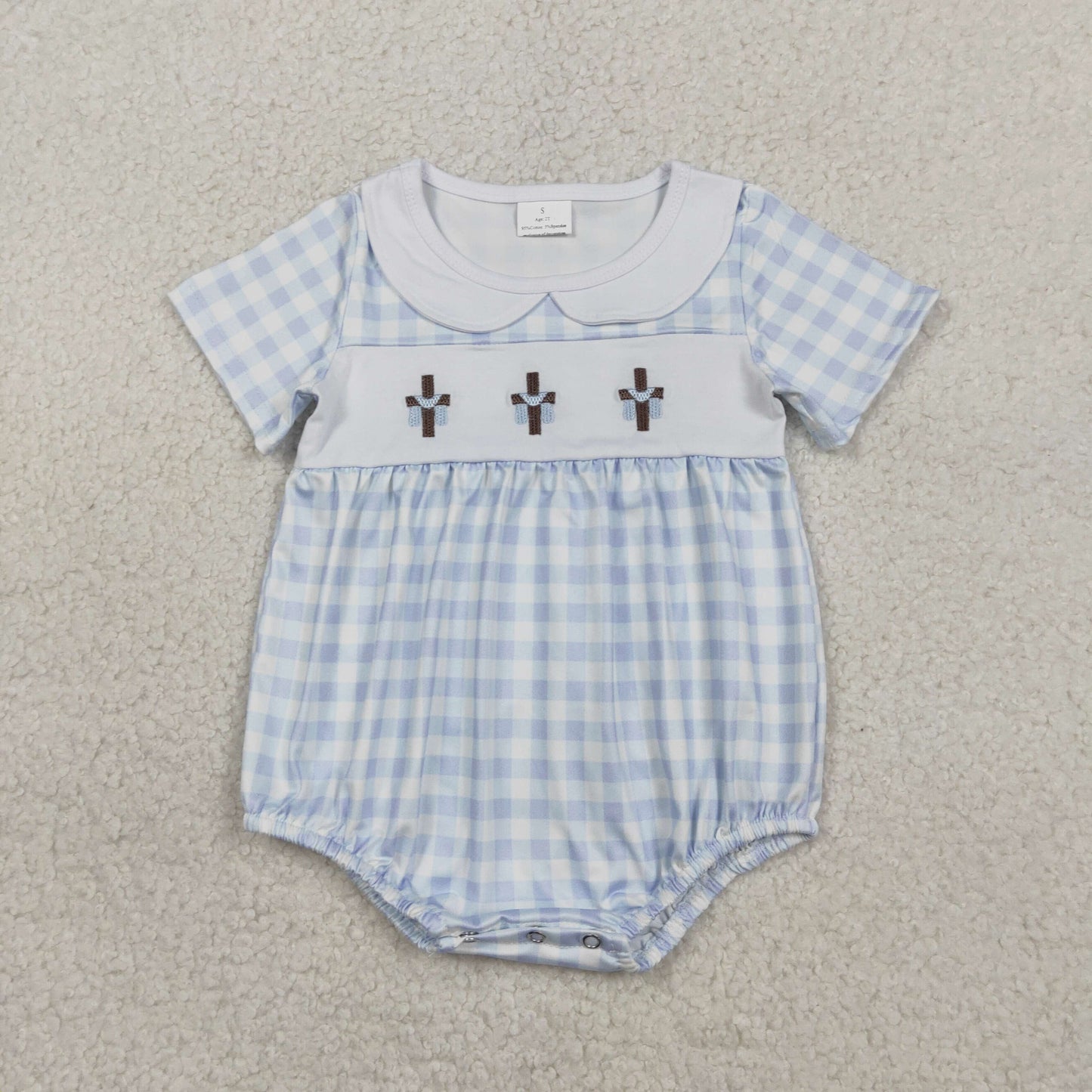 Sibling Baby Kids Embroidery Crosses Easter Checked Collar Knee Length Dress Rompers