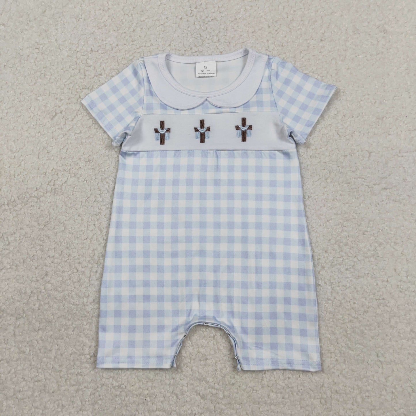 Sibling Baby Kids Embroidery Crosses Easter Checked Collar Knee Length Dress Rompers