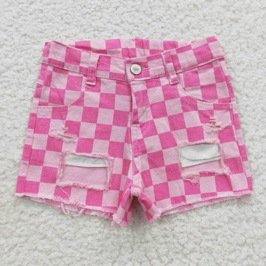 girls pink plaid denim shorts SS0092