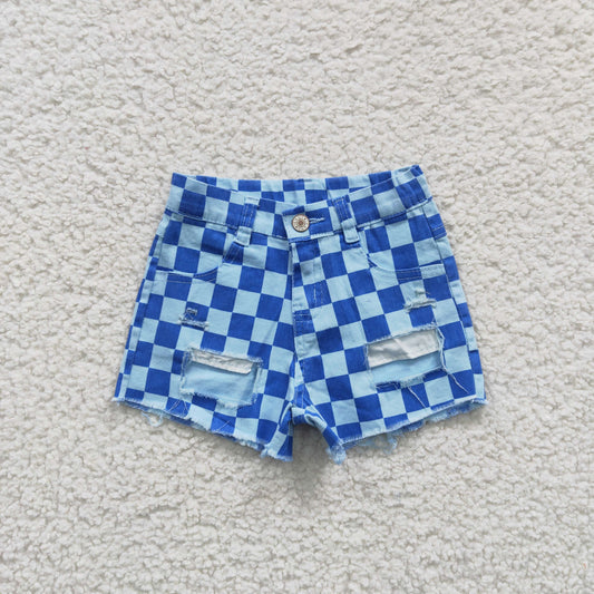 girls blue plaid denim shorts SS0093