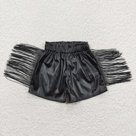 girls black tassel leather shorts SS0094