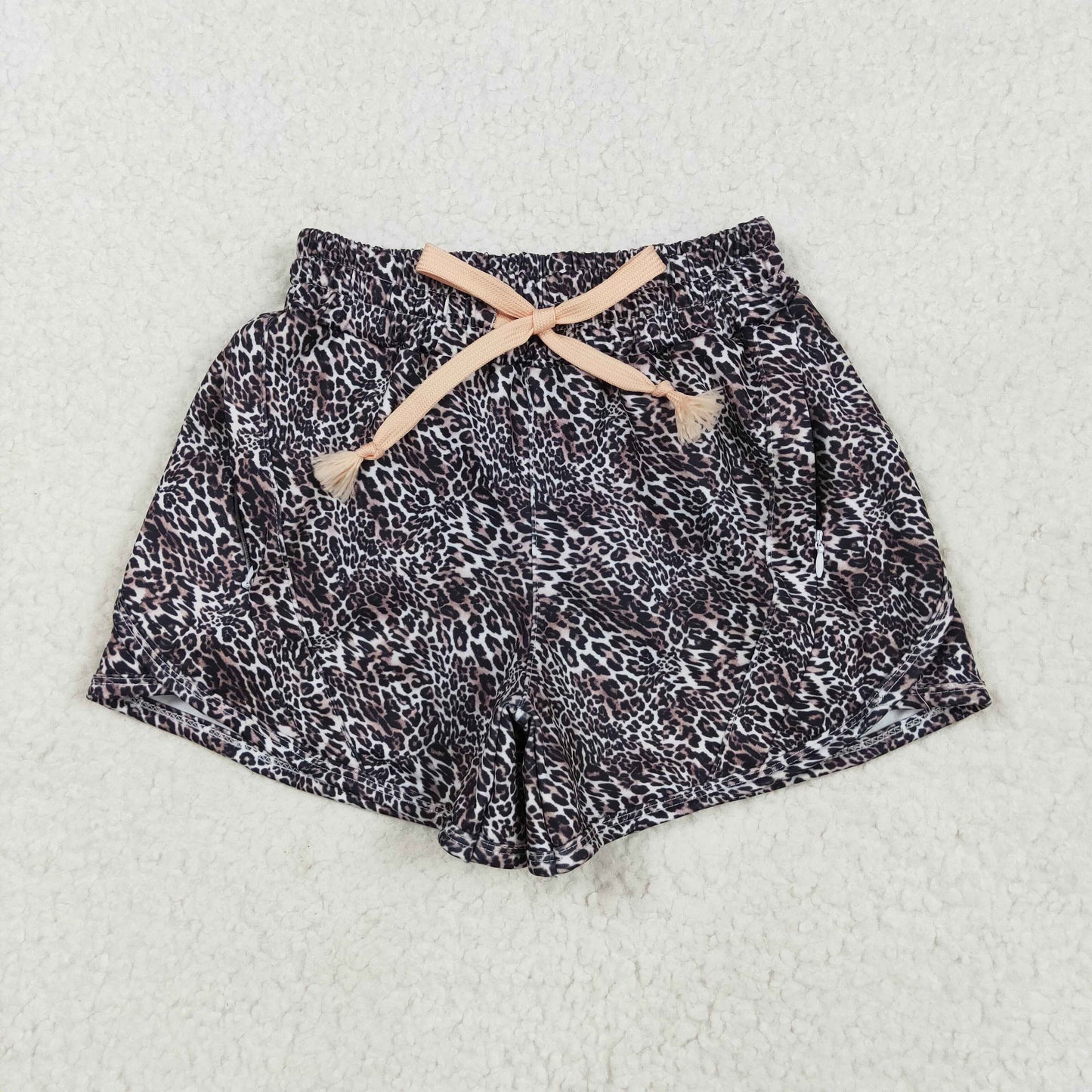 SS0480 Baby Girls Brown Leopard Pockets Yoga Active Shorts Bottom