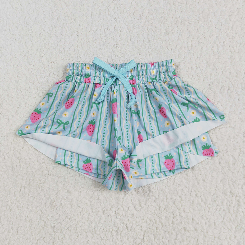 SS0580 Baby Girls Blue Stripes Strawberry Waistband Ruffle Shorts
