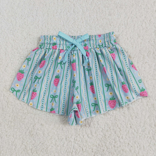 SS0580 Baby Girls Blue Stripes Strawberry Waistband Ruffle Shorts