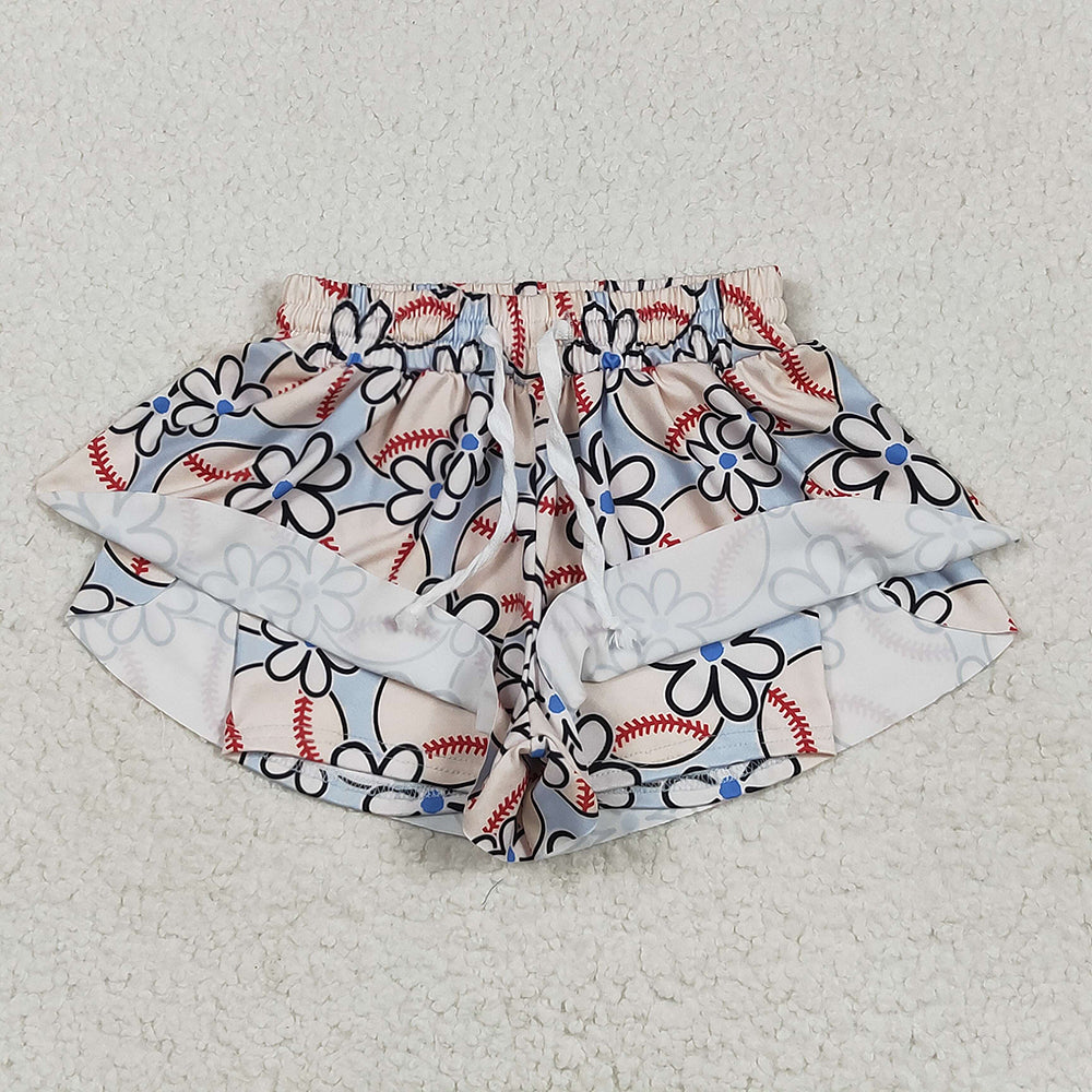 SS0581 Baby Girls Baseball Flowers Waistband Ruffle Shorts