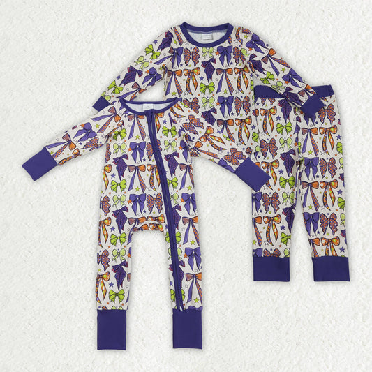 Sibling Baby Kids Purple Bows Stars Plaid Pajams Sets Zipper Footie Rompers