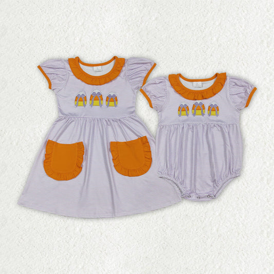 Sibling Baby Girls Embroidery Bows Candy Stripe Pockets Halloween Knee Length Dresses Rompers