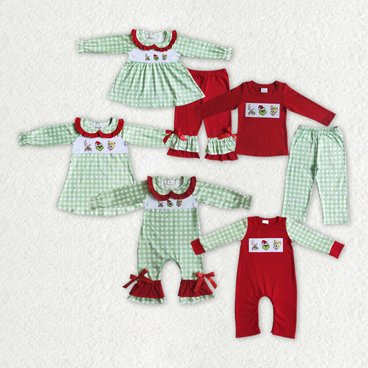 Sibling Baby Boys Girls Embroidery Green Checked Green Face Christmas Clothes Sets Rompers Knee Length Dresses