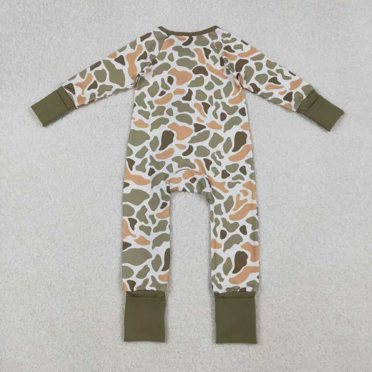Sibling Baby Boys Green Khaki Camo Pants Southern Pajamas Sets Zipper Rompers