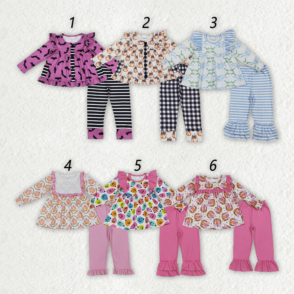 Sibling Baby Girls Long Ruffle Sleeves Pants Ghost Pumpkins Bats Fall Halloween Clothes Set