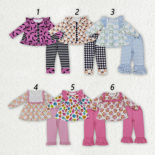 Sibling Baby Girls Long Ruffle Sleeves Pants Ghost Pumpkins Bats Fall Halloween Clothes Set
