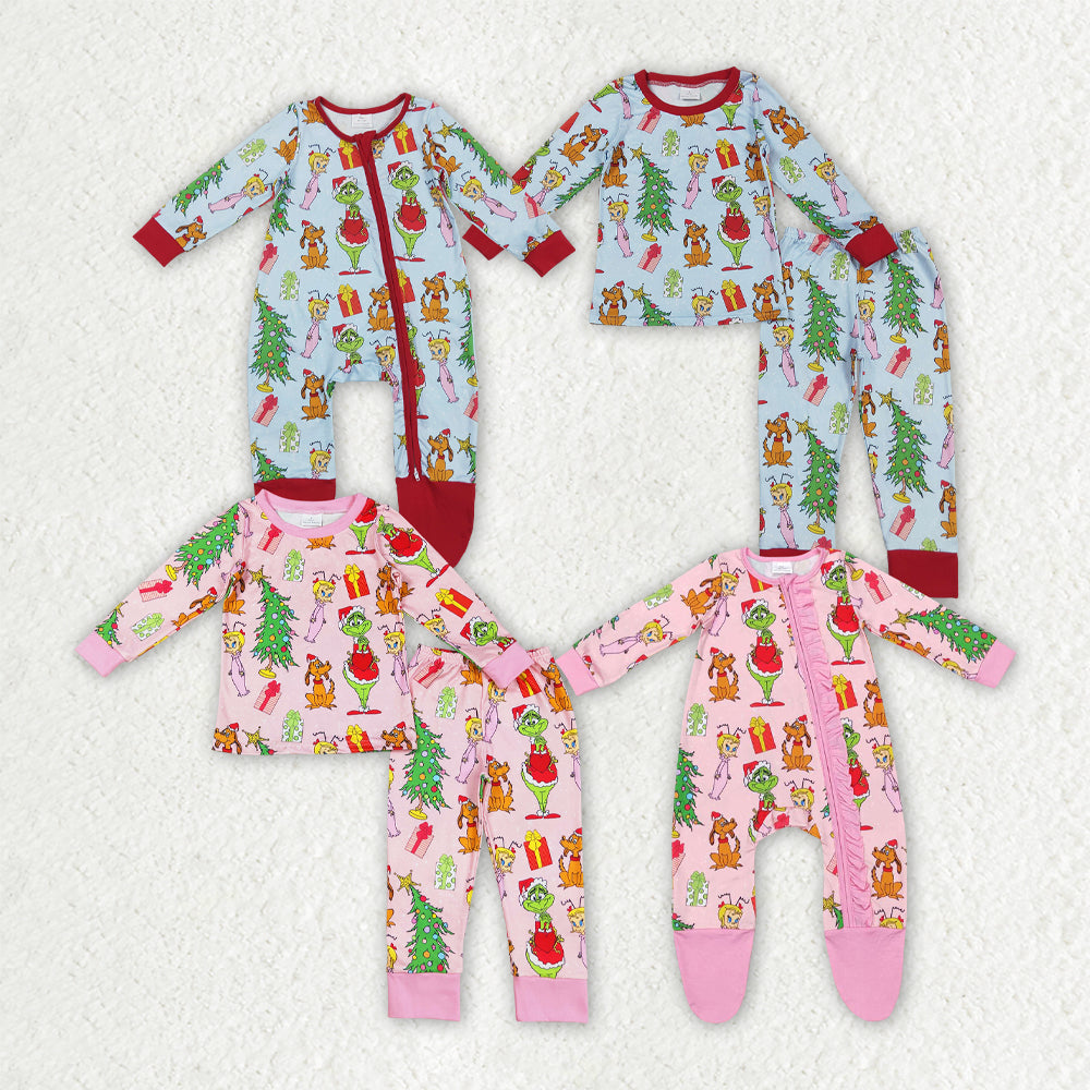 Sibling Baby Kids Long Sleeves Green Face Miss Christmas Pajamas Sets Zipper Footed Rompers