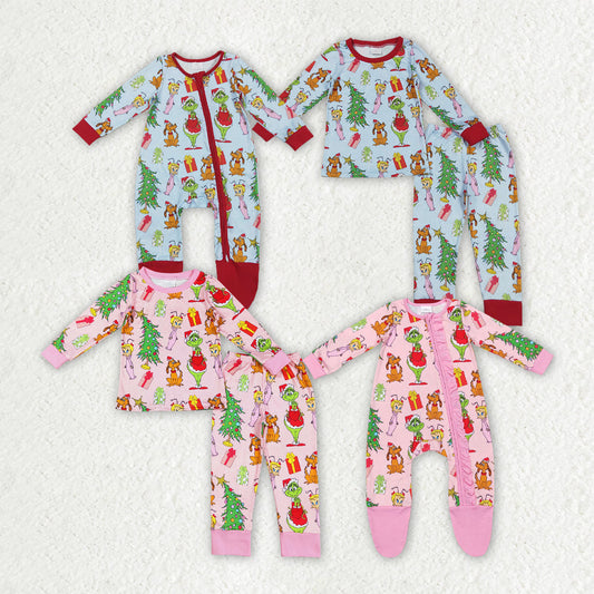 Sibling Baby Kids Long Sleeves Green Face Miss Christmas Pajamas Sets Zipper Footed Rompers