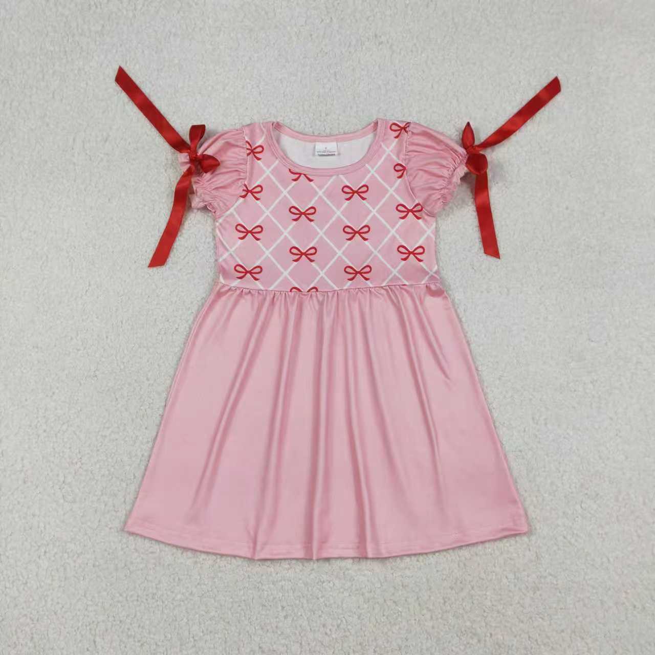 Sibling Baby Girls Red Bows Checked Knee Length Dresses Ruffle Rompers
