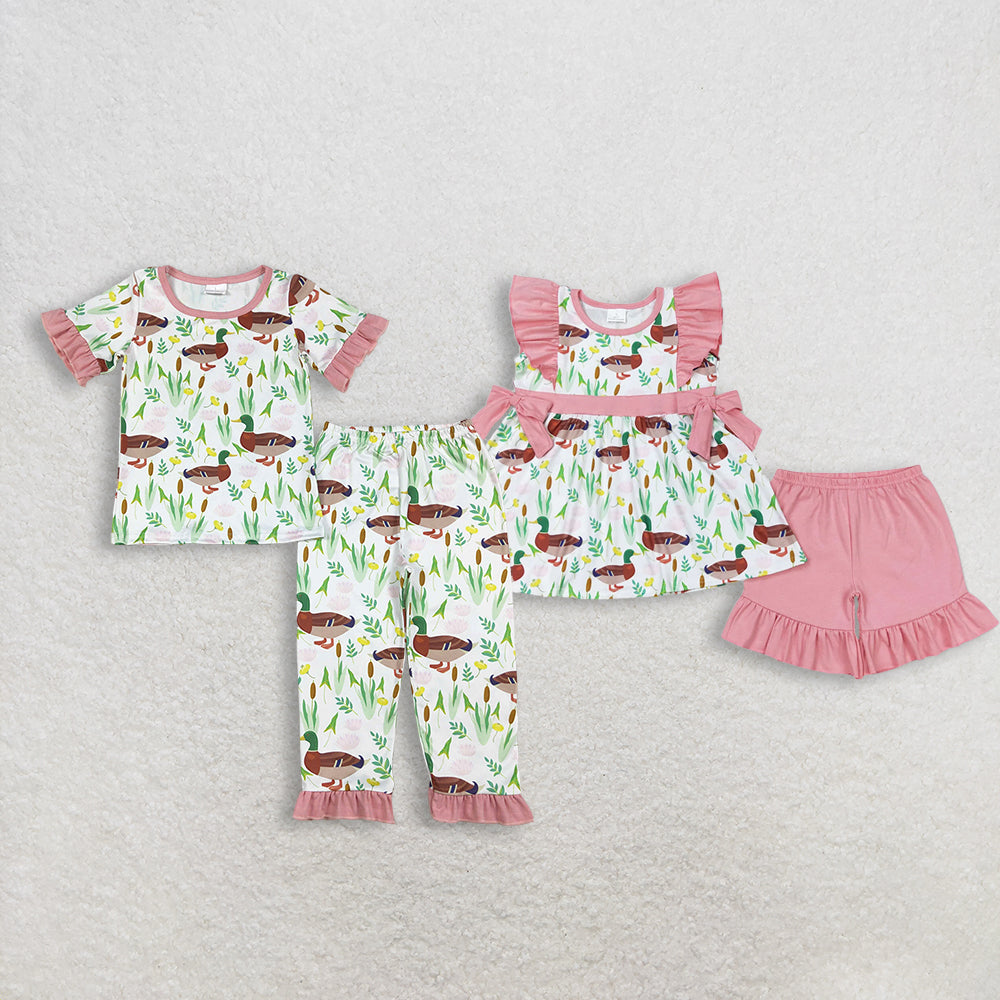 Sibling Baby Girls Pink Short Ruffle Sleeve Flowers Ducks Top Short Pants Pajamas Clothes Sets