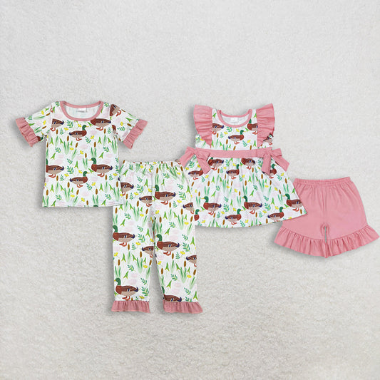 Sibling Baby Girls Pink Short Ruffle Sleeve Flowers Ducks Top Short Pants Pajamas Clothes Sets
