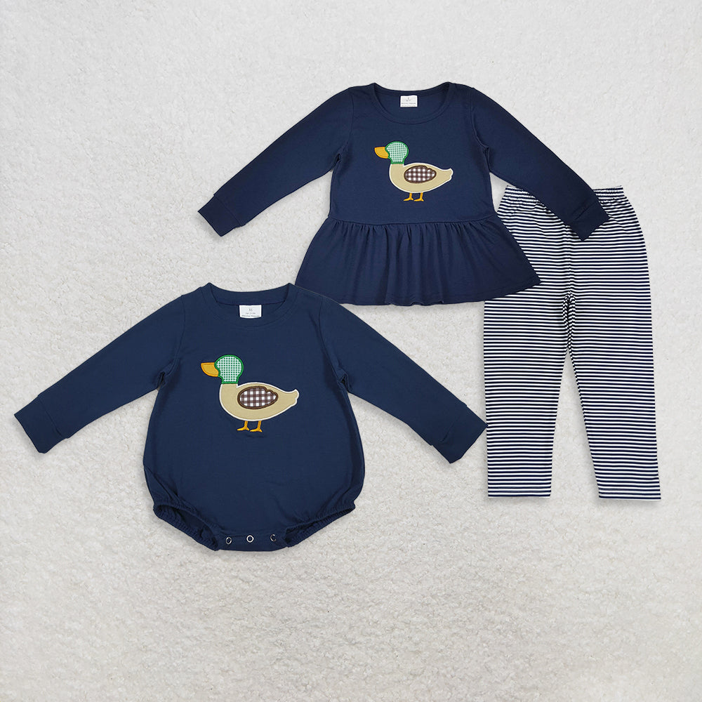 Sibling Baby Boys Girls Embroidery Duck Long Sleeves Tunic Pants Clothes Sets Rompers