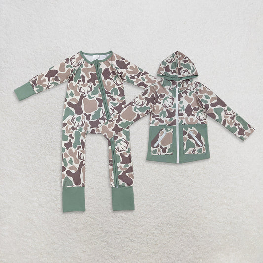 Sibling Baby Boys Green Khaki Deer Camo Pockets Zipper Hoodie Jackets Zipper Rompers