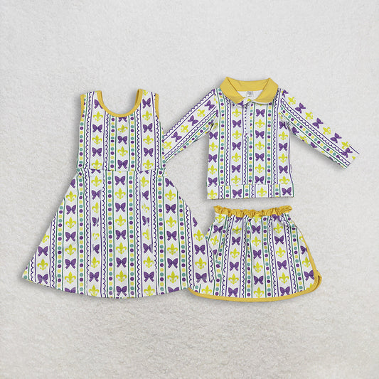 Sibling Baby Girls Mardigras Bows Anchors Stripe Yoga Active Shorts Knee Length Dress Skorts Clothes Sets