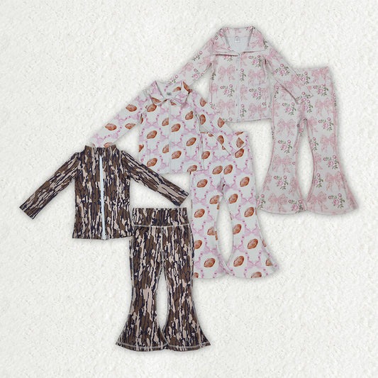 Sibling Baby Girls Floral Footballs Camo Pullovers Jeckets Bell Bottom Pants Yoga Active Clothes Sets