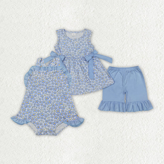 Sibling Baby Girls Blue Flowers Bows Tunic Ruffle Shorts Clothes Sets Rompers