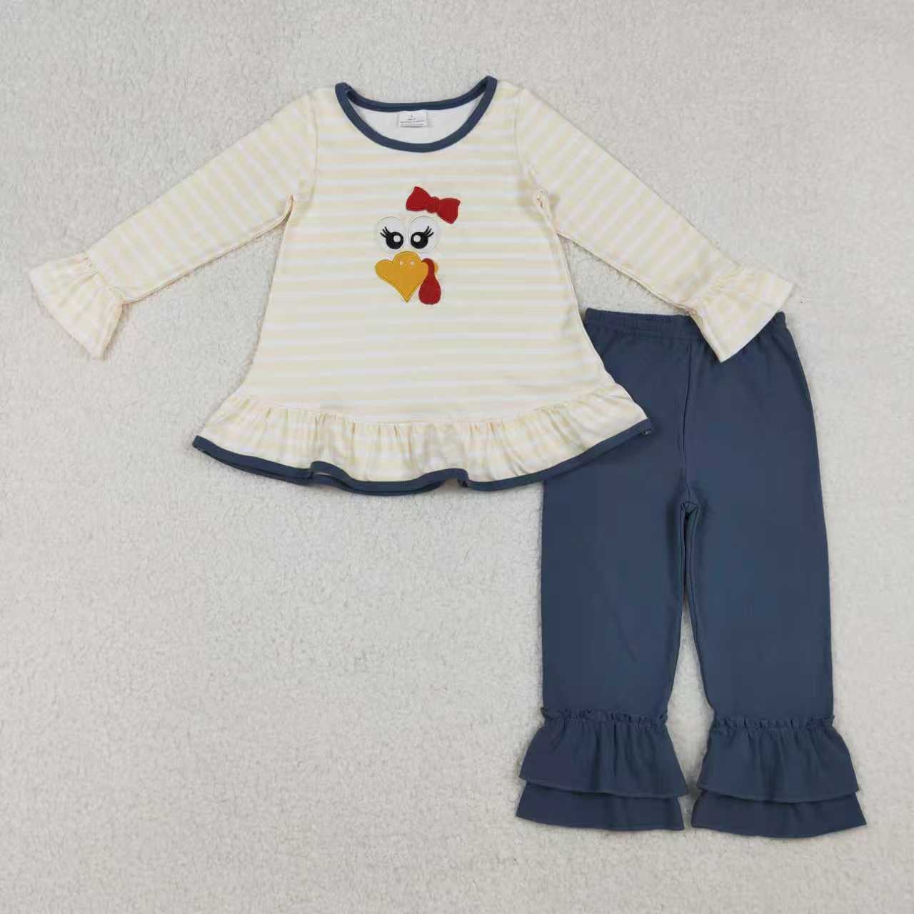Sibling Baby Girls Stripe Embroidery Turkey Tunic Ruffle Pants Thanksgiving Set Footie Rompers
