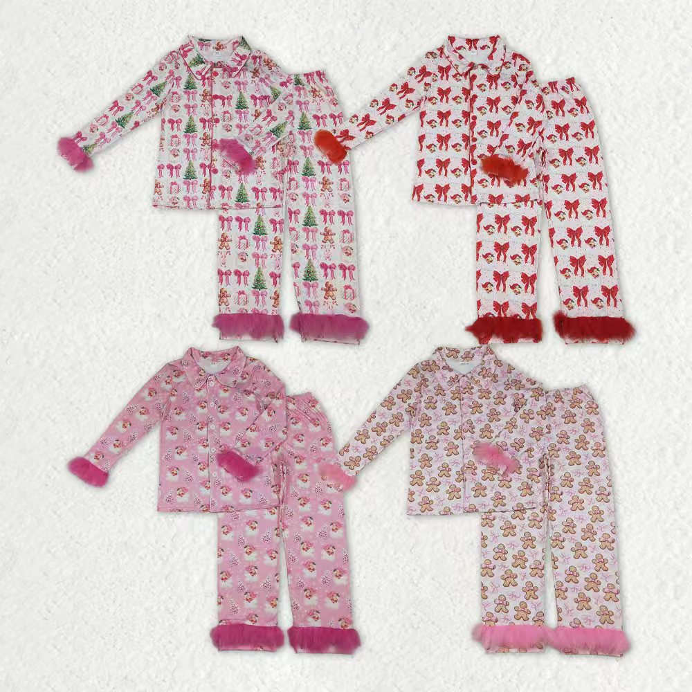Sibling Adult Women Bows Santa Trees Button Top Pants Christmas Fur Pajamas Sets