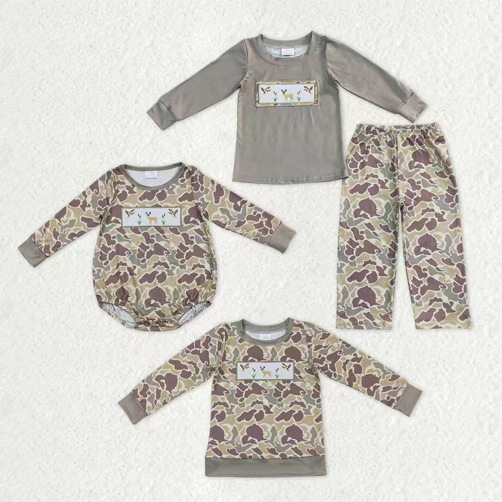 Sibling Baby Boys Embroidery Deer Ducks Top Khaki Camo Pants Hunting Clothes Sets Rompers