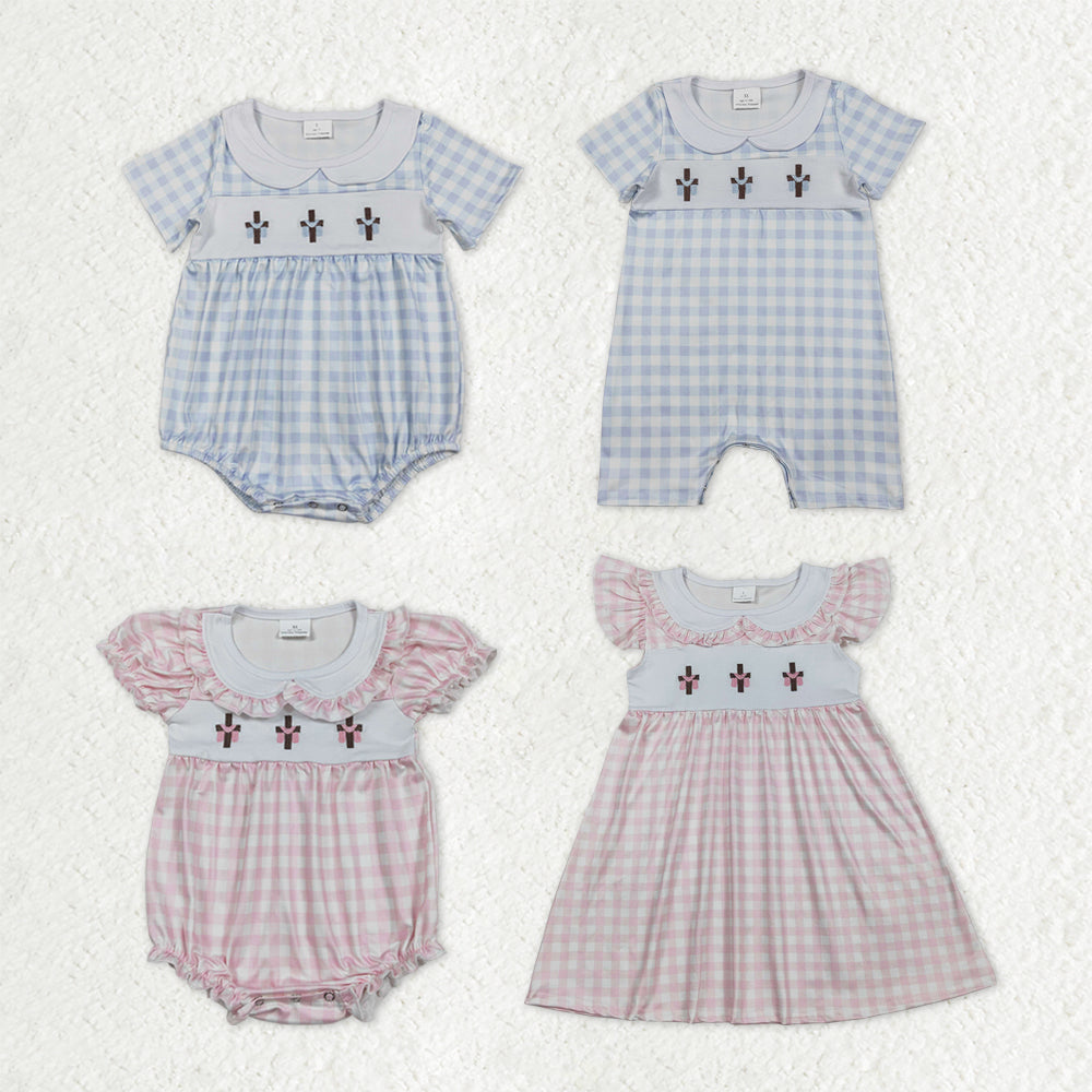 Sibling Baby Kids Embroidery Crosses Easter Checked Collar Knee Length Dress Rompers