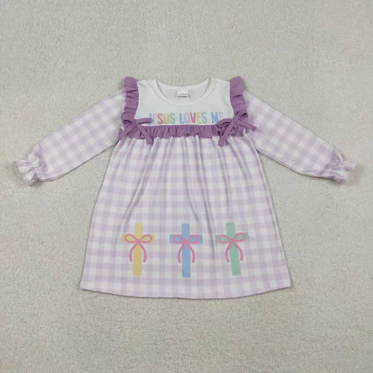 Sibling Baby Girls Lavender Checked Jesus Love Me Crosses Knee Length Dress Romper