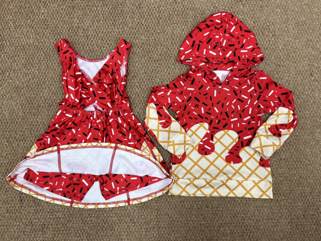 Sibling Baby Kids Red Drip Team Hoodies Top Yoga Short Knee Length Dresses