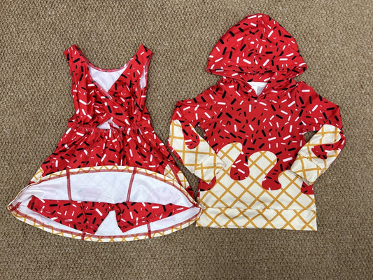 Sibling Baby Kids Red Drip Team Hoodies Top Yoga Short Knee Length Dresses