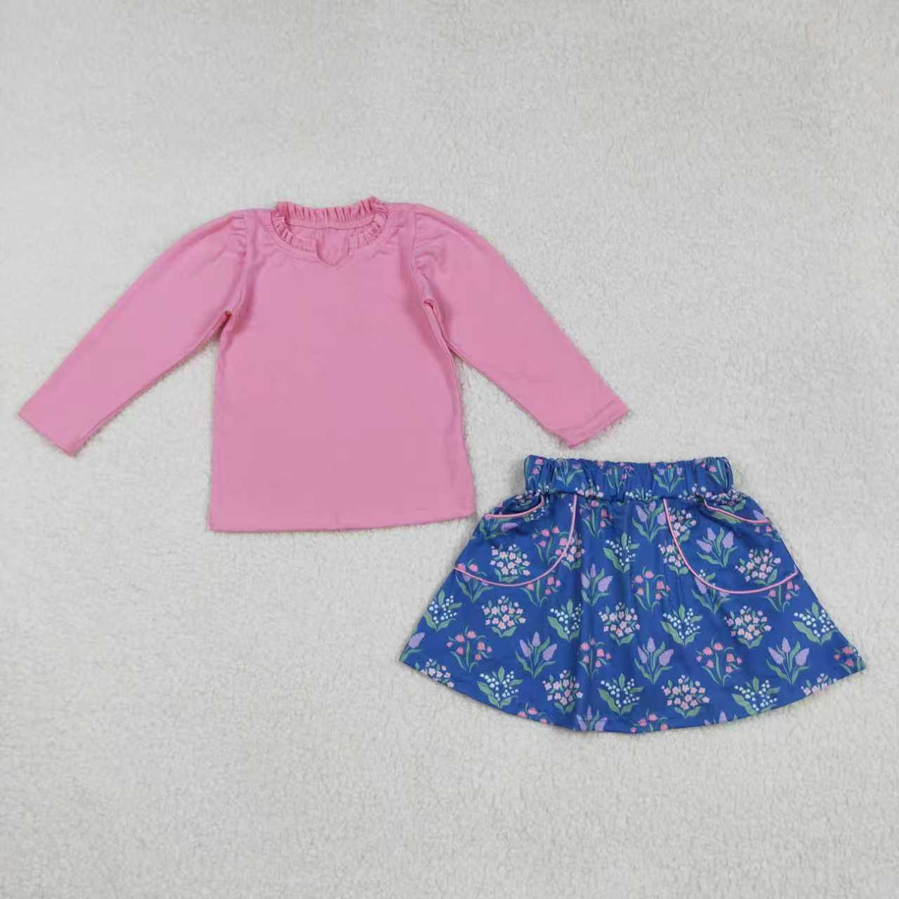 Sibling Baby Girls Pink Shirts Blue Floral Pockets Skorts Clothes Set Knee Length Dresses