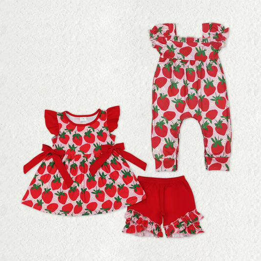 Sibling Baby Girls Red Short Sleeves Strawberry Bows Ruffle Shorts Clothes Sets Footie Rompers