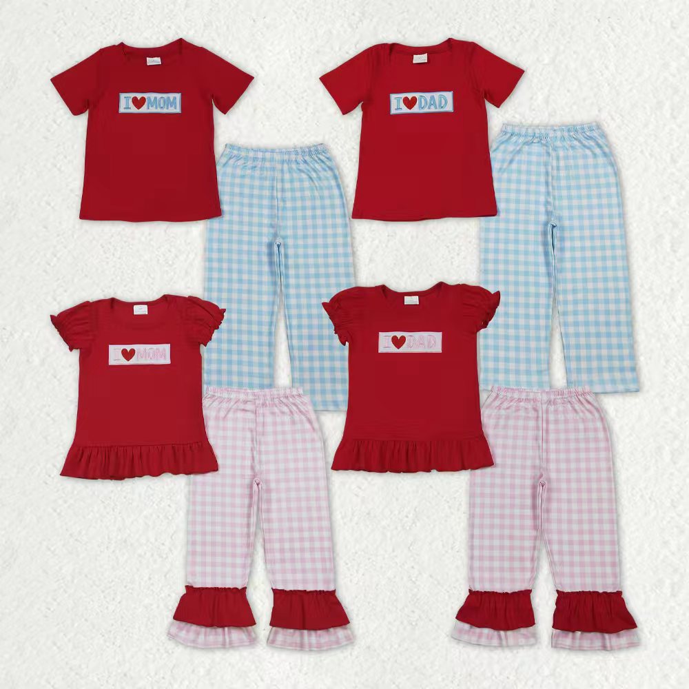 Sibling Baby Boys Girls Embroidery I Love Dad Mom Checked Red Shirt Pants Clothes Sets