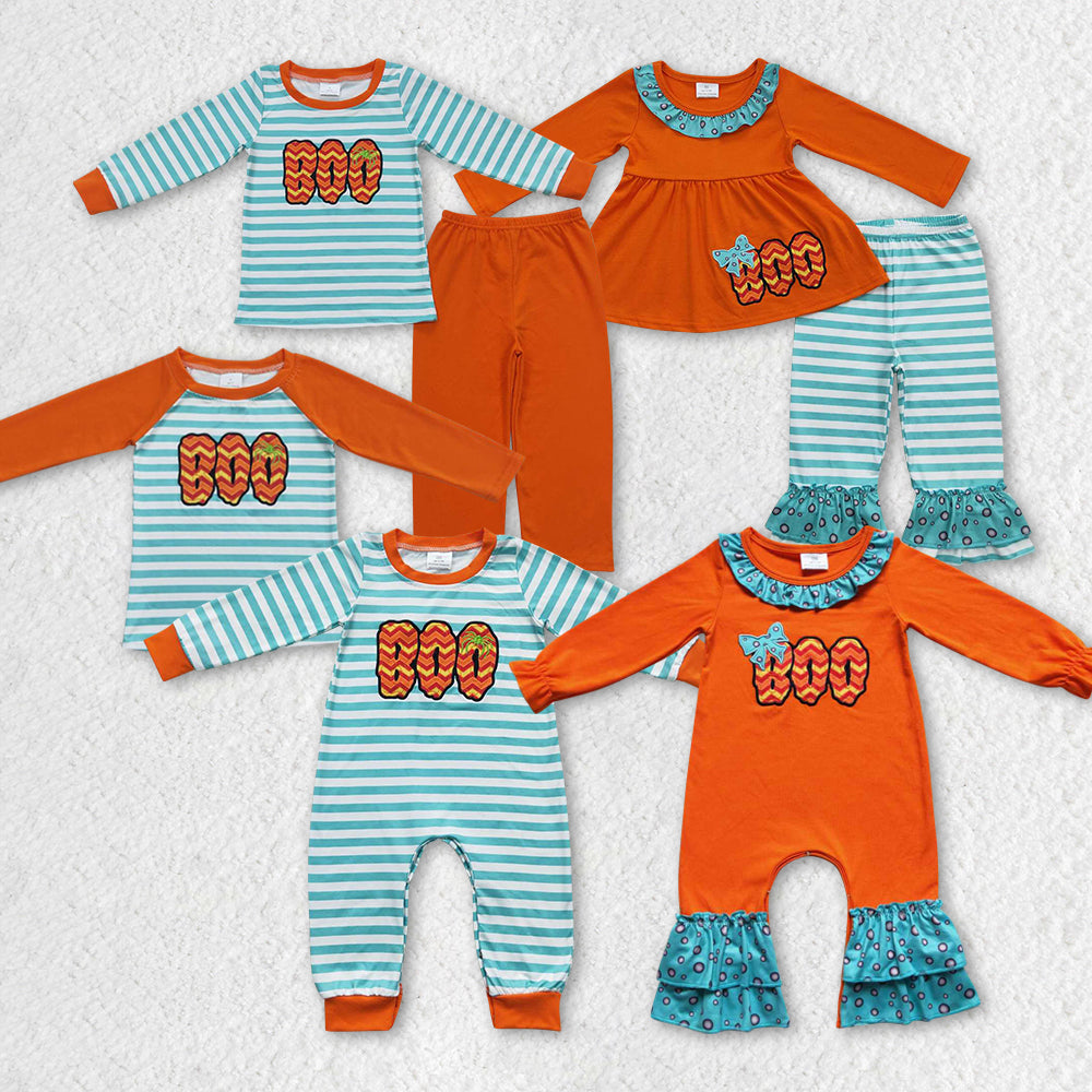 Sibling Boys Embroidery Baby Girls Halloween Boo Rompers Outfits Sets