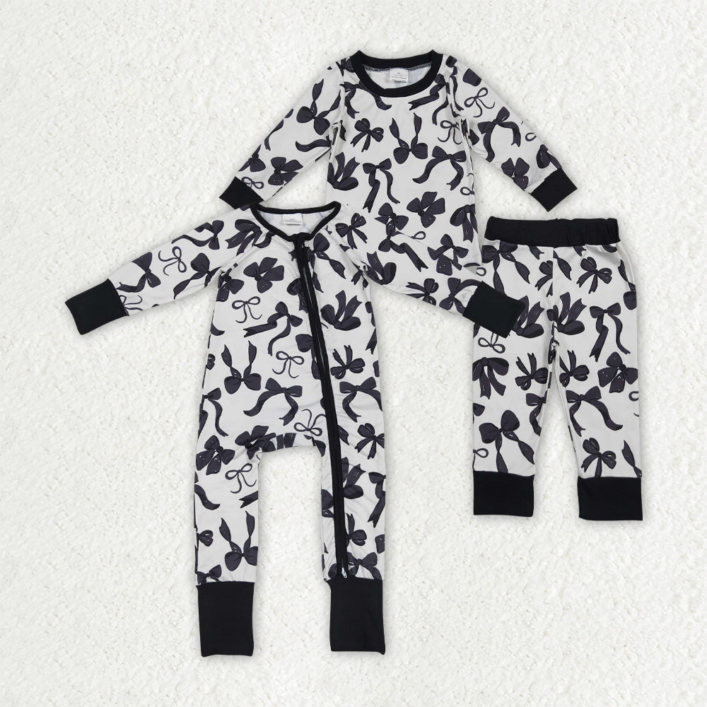Sibling Baby Girls Long Sleeves Black Bows Rompers Pajamas