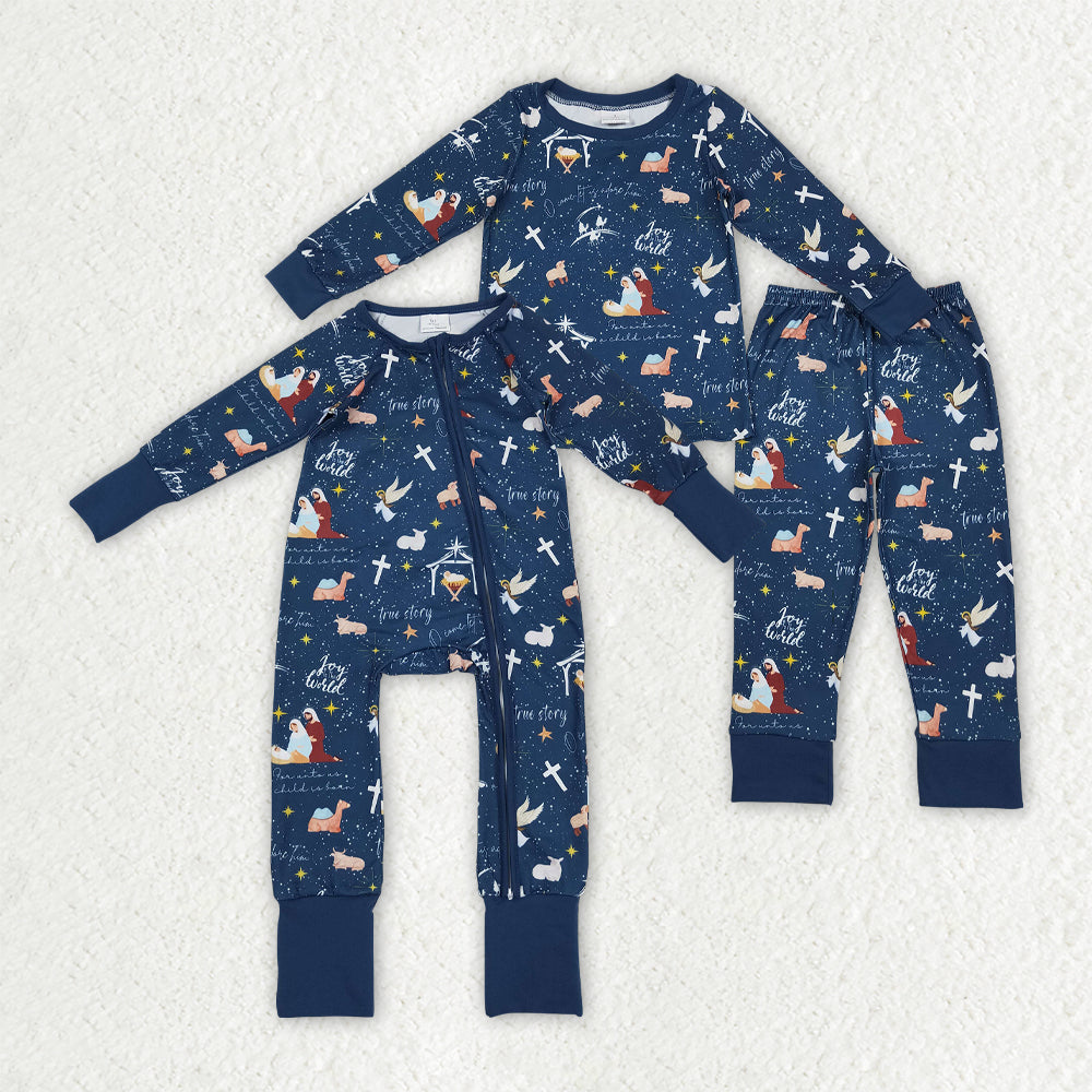 Sibling Baby Boys Navy Nativity Christmas Pajamas Sets Zipper Footie Rompers