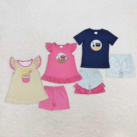 Sibling Baby Kids Embroidery Beach Shirt Shorts Clothes Sets