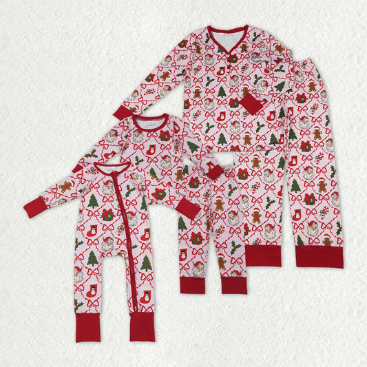 Mama and Me Bows Santa Socks Checked Top Pants Christmas Pajamas Sets Zipper Rompers