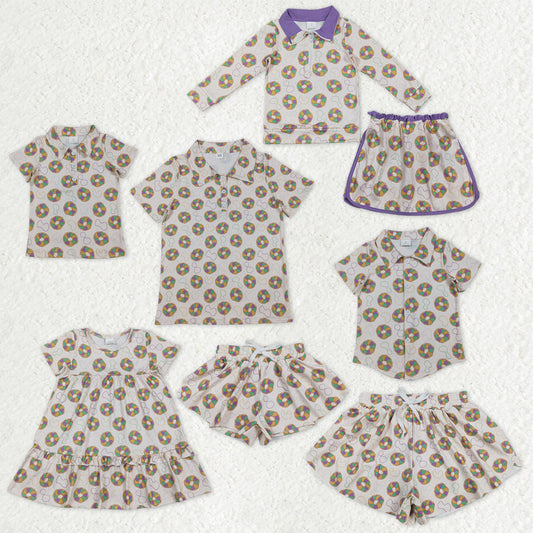 Family Adult Kids Mardigras Donuts Dress Button Polo Shirts Tops Skorts Clothes Set Yoga Shorts